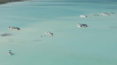 Saona Adası 'nın havadan çekilmiş görüntüsü. Açık yeşil suyla Karayip Denizi. Tekneler adaya açıldı ve turistler denizin ortasında doğal havuzlarda yıkandılar..