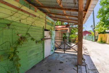 Saona Adasının tipik renkli evi, yerli halkın mütevazı evleri, Mano Juan balıkçı köyü, Dominik Cumhuriyeti.