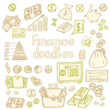 Doodle Business ve Finanse izole edildi. Vektör illüstrasyonu 