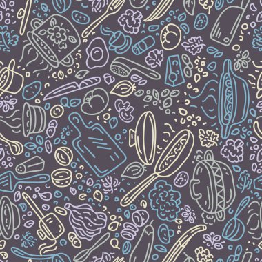 Besin vektör geçmişi. Kusursuz vektör kalıbı. Sebze, tencere, kaşık, baharat.