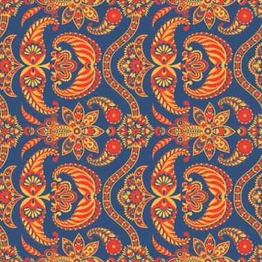 Damask desenli, pürüzsüz vektör deseni. Çiçek bağbozumu arka planı