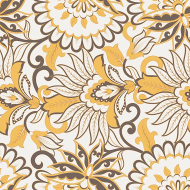 Çiçeksel vektör pürüzsüz desen. Muhteşem çiçek, yapraklar. Tekstil bohem baskısı. Batik resim. Eski