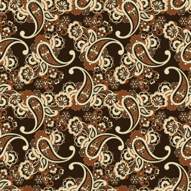 Şal desenli ve etnik çiçekli kusursuz vektör deseni. Çiçek mahsulü arka plan