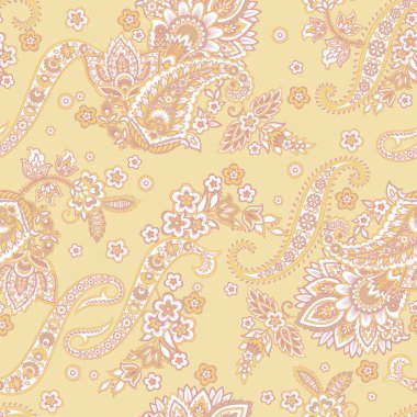 Şal desenli ve etnik çiçekli kusursuz vektör deseni. Çiçek mahsulü arka plan