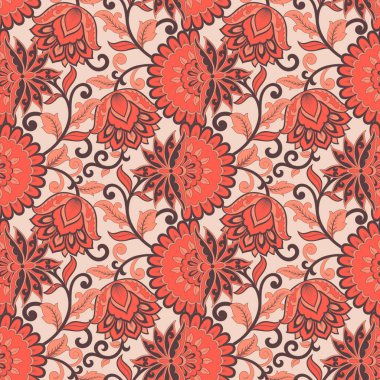 Etnik çiçekler ve yaprak ile kusursuz bir desen, klasik tarzda vektör çiçekli illüstrasyon