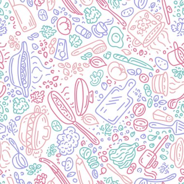 Besin vektör geçmişi. Kusursuz vektör kalıbı. Sebze, tencere, kaşık, baharat.