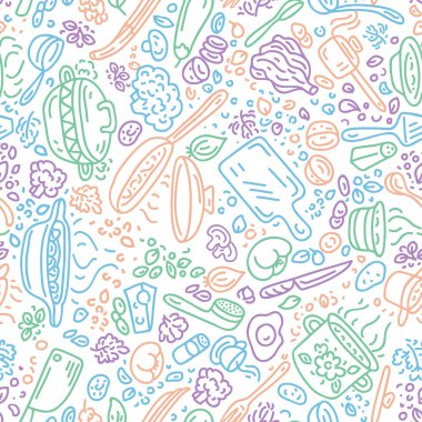 Besin vektör geçmişi. Kusursuz vektör kalıbı. Sebze, tencere, kaşık, baharat.