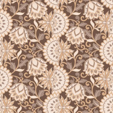 Etnik çiçekler ve yaprak ile kusursuz bir desen, klasik tarzda vektör çiçekli illüstrasyon