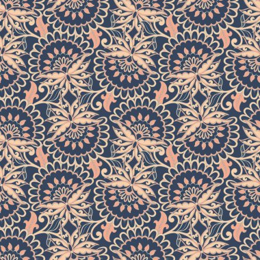 Etnik çiçeklerle kusursuz desen. Asya tekstil tarzında Vektör Çiçek İllüstrasyonu