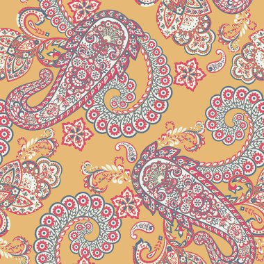 Paisley Çiçek Doğulu Etnik Düzen. Vektör Kusursuz Süslü Hint kumaşı desenleri.