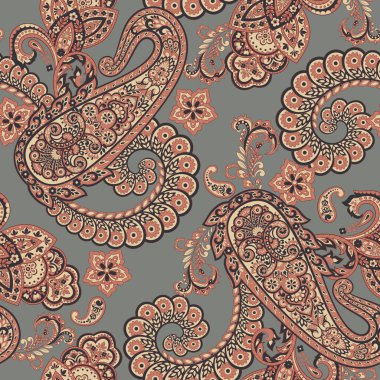 Paisley Çiçek Doğulu Etnik Düzen. Vektör Kusursuz Süslü Hint kumaşı desenleri.