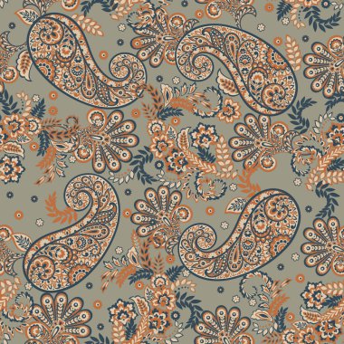 Çiçeksiz desenli desenli şal desenli süs. Asya tekstil biçiminde vektör illüstrasyonu 