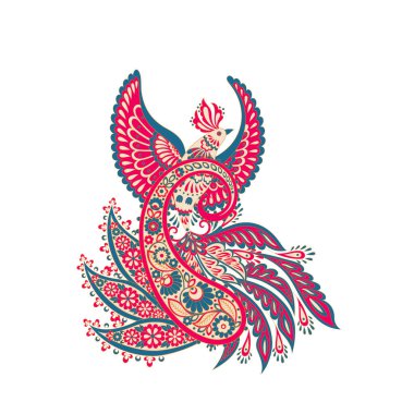 Paisley vektör izole şablon ile Uçan Kuş. Damask biçimi Vintage illüstrasyonu