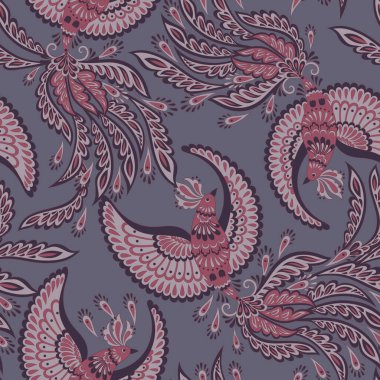 Uçan Kuş 'ta vektör kusursuz desen. Damask biçimi Vintage illüstrasyonu