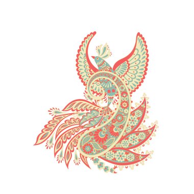 Paisley vektör izole şablon ile Uçan Kuş. Damask biçimi Vintage illüstrasyonu