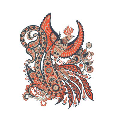 Uçan Kuş ve Paisley vektör izole desen. Batik stilinde klasik çiçek illüstrasyonu