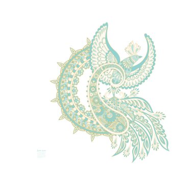 Uçan Kuş ve Çiçek Paisley izole edildi. Tasarım için izole edilmiş desenli kart. Çiçek vektör deseni. Nakış işleme çiçek vektör deseni.