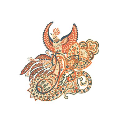 Paisley vektör izole şablon ile Uçan Kuş. Damask biçimi Vintage illüstrasyonu