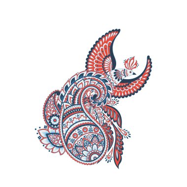 Uçan Kuş ve Paisley Vektör Deseni. Çiçekli Asya ResimleriName