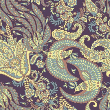 Uçan Kuş ve Çiçek Paisley desenleri, her amaç için harika bir vektör tasarımı. Kusursuz arkaplan 