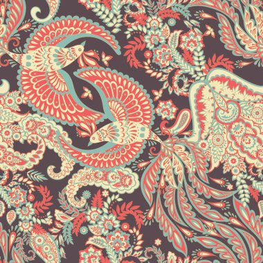 Uçan Kuş ve Çiçek Paisley desenleri, her amaç için harika bir vektör tasarımı. Kusursuz arkaplan 