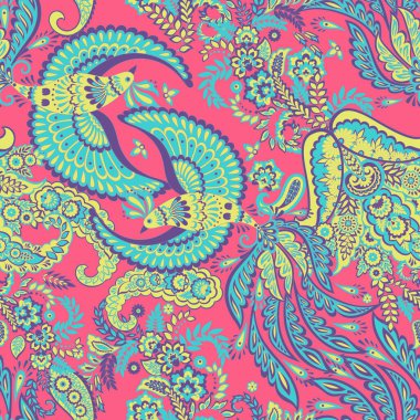 Uçan Kuş ve Çiçek Paisley desenleri, her amaç için harika bir vektör tasarımı. Kusursuz arkaplan 
