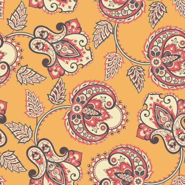 Etnik çiçekler ve yaprak ile kusursuz bir desen, klasik tarzda vektör çiçekli illüstrasyon