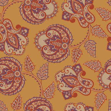 Etnik çiçekler ve yaprak ile kusursuz bir desen, klasik tarzda vektör çiçekli illüstrasyon