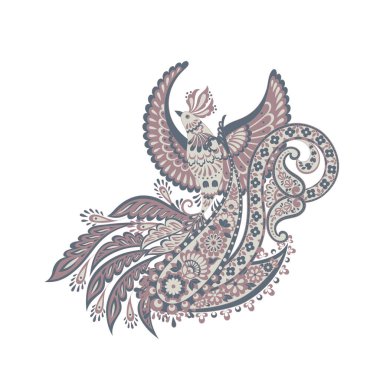 Uçan Kuş ve Paisley vektör izole desen. Batik stilinde klasik çiçek illüstrasyonu