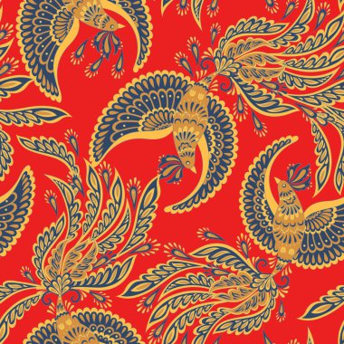 Uçan Kuş 'ta vektör kusursuz desen. Damask biçimi Vintage illüstrasyonu