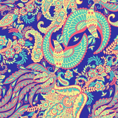 Uçan Kuş ve Çiçek Paisley desenleri, her amaç için harika bir vektör tasarımı. Kusursuz arkaplan 