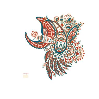 Paisley vektör izole şablon ile Uçan Kuş. Damask biçimi Vintage illüstrasyonu