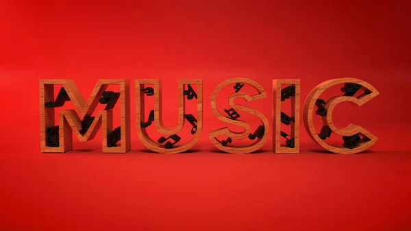 Wooden Music Text Contains Black Music Notes Red Background Render — 스톡 사진
