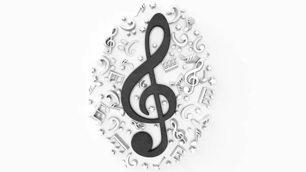 Белый Фон Черным Музыкальным Ключом Окружении Музыкальных Нот Трехмерная Иллюстрация — стоковое фото