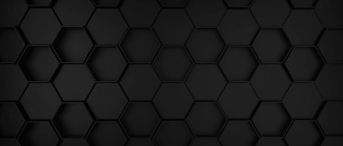 Black hexagons background banner, 3d render illustration.