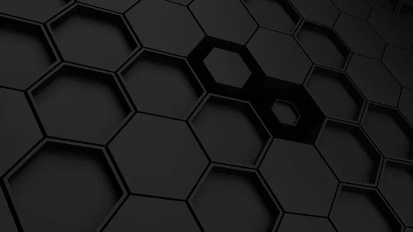 Black hexagons background perspective view banner, 3d render illustration.