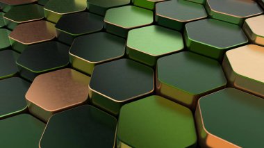 Satin Hexagons: A 3D Metallic Tiled Background in Shades of Green and Gold. 3d render illustration.