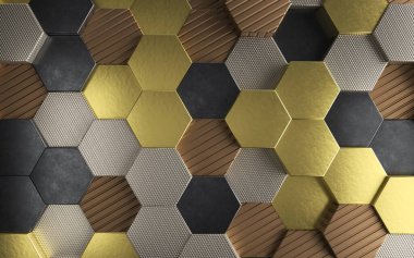 Multi-material Hexagons: A 3D Metallic Tiled Background in gold, copper, aluminum and black alloy material. 3d render illustration.