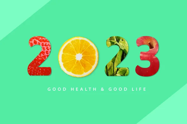 2023 Šťastný Nový Rok Pro Zdravotnictví Ovoce Zelenina Číslem2023 Jahoda — Stock fotografie