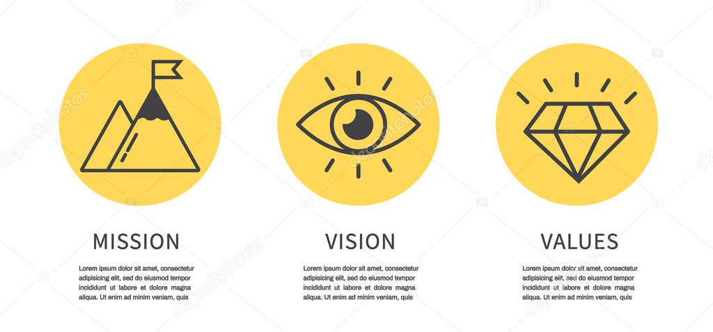 Mission, Vision and Values icon. Business success concept. Organization mission. flat line icon. Vector illustration