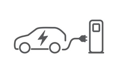 Şarj istasyonu olan elektrikli bir araba. Her araba. Çevre koruma konsepti. Vektör illüstrasyonu.