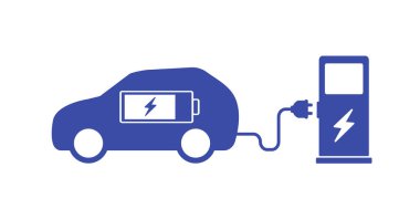 Şarj prizi olan elektrikli bir araba. Çevre dostu araç konsepti. Vektör illüstrasyonu.