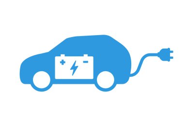 Fişi takılı elektrikli araba. Batarya şarj ikonu. Vektör illüstrasyonu.