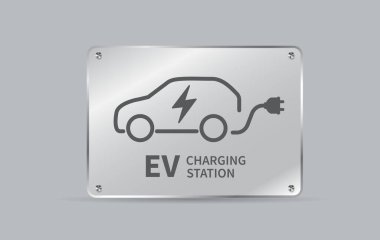 Elektrikli araba şarj levhası. Elektrikli araç park ediyor ve şarj oluyor. Vektör illüstrasyonu.