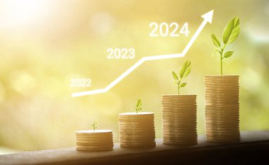 2021 'den 2024' e kadar büyüyen büyüme yılı. Büyüyen madeni paralar yığını. Para tasarrufu yatırımı.