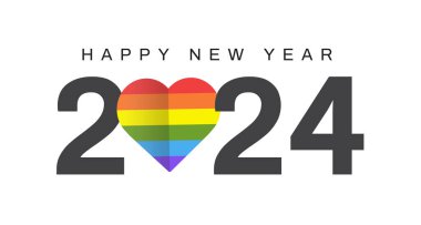 Mutlu yıllar 2024. LGBTQ gökkuşağı bayrağı. Kalp şeklinde lgbtq bayrağı. Vektör illüstrasyonu