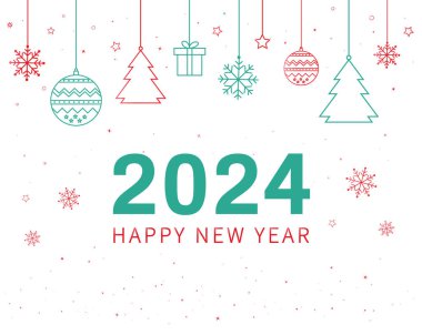 Mutlu yıllar 2024 tebrik kartı. Noel ağacı sallanıyor. Yeni yıl afişi. Mary Christmas. Vektör illüstrasyonu. 