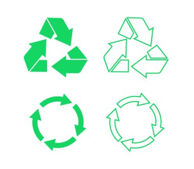 Geri dönüşüm simgesi seti. Logonun yeşil rengini tekrar kullan. Sembolü geri dönüştür. Vektör illüstrasyonu.