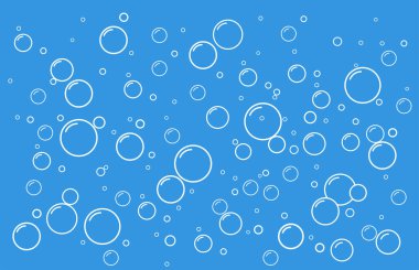 Sabun köpüğü ikonu. Suda oksijen kabarcıkları. Mavi arka planda köpük şampuanı var. Vektör illüstrasyonu