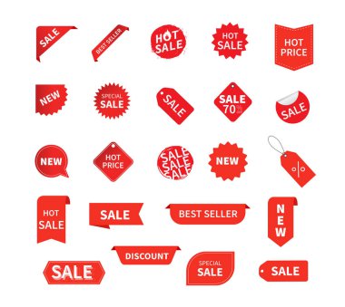 Satış etiketleri. Kurdele satışı afişleri. Kırmızı kurdele fiyatı ve indirim etiketleri. Kırmızı yıldız patlaması çıkartmaları. Vektör illüstrasyonu